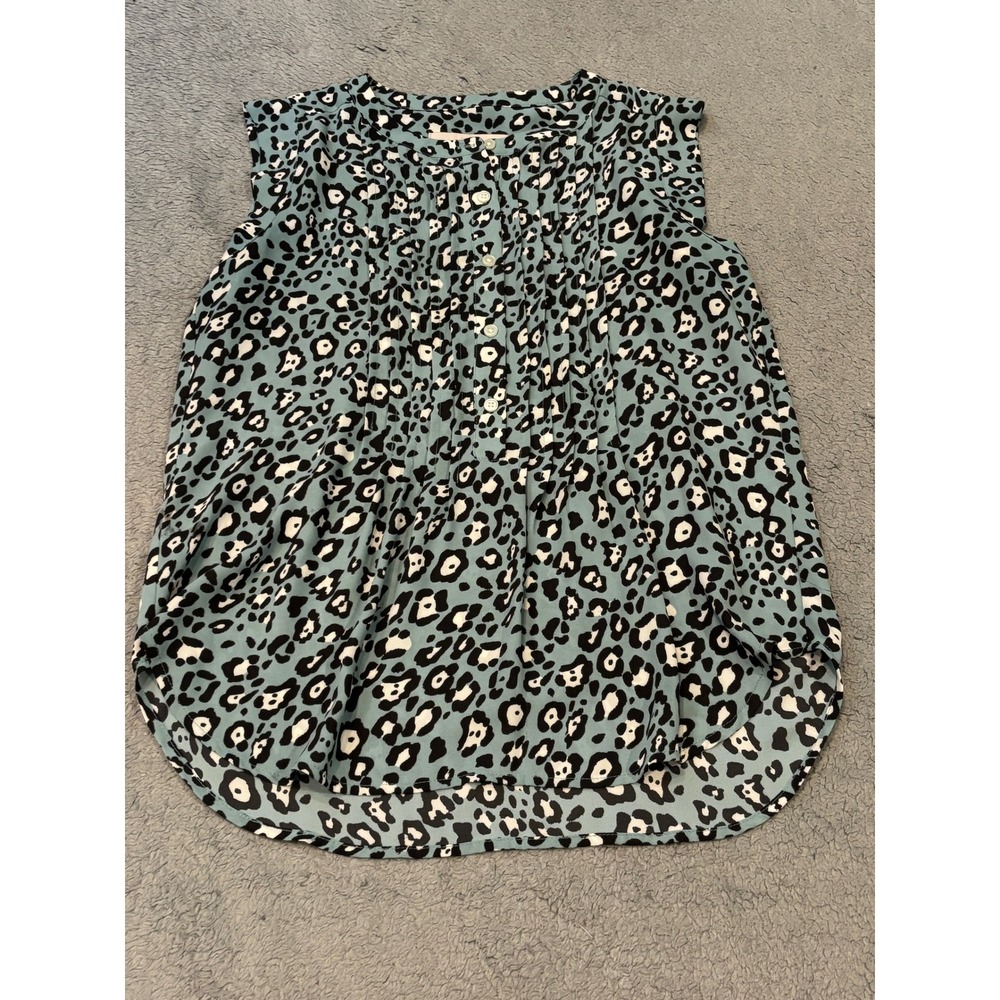 LOFT Womens Blue Leopard Print Sleeveless Pleated Button Front Blouse XS